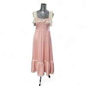 Romantic Cottagecore Lace Trim Satin Jacquard Maxi Dress Pink Small Coquette‎